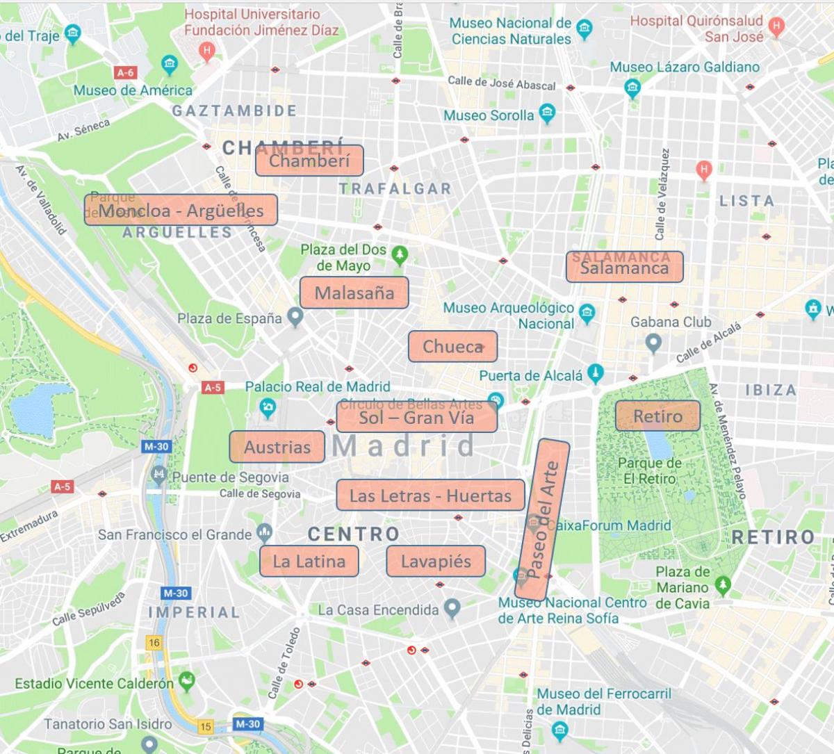 mappa di Madrid, Spagna quartieri